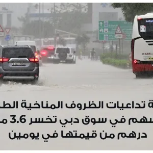 نتيجة تداعيات الظروف المناخية الطارئة.. 3 أسهم في سوق دبي تخسر 3.6 مليار درهم من قيمتها في يومين