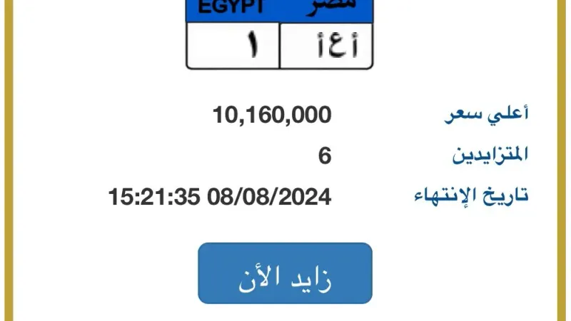 سعر لوحة سيارة "أ ع أ - 1" المميزة يتخطى 10 ملايين جنيه