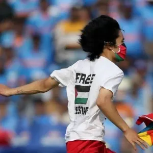 قناع بألوان العلم الفلسطيني... ناشط يوقف نهائي كأس العالم للكريكيت (فيديو)