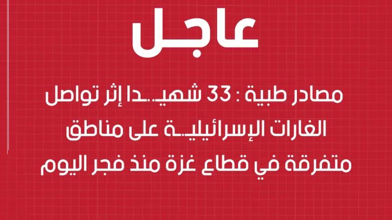 مصادر طبية: 33 شهيــ..دا إثر تواصل الغارات الإسرائيلـ..ـية على مناطق متفرقة في قطاع غزة منذ فجر اليوم Traduire le post