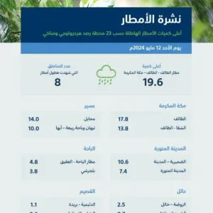 "البيئة": مكة المكرمة تسجّل أعلى كمية هطول أمطار بـ 19.6 ملم في الطائف