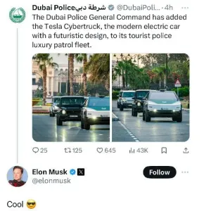 إيلون ماسك يبدي إعجابه بسيارة شرطة دبي «تيسلا سايبر تراك» على حسابه في «إكس»