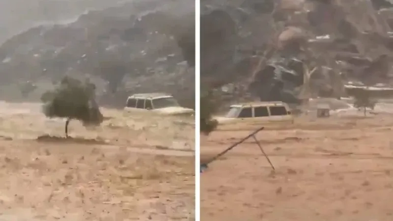 شاهد: السيول تجرف سيارة " جيب"  بعد هطول الأمطار الغزيرة على محافظة العيص