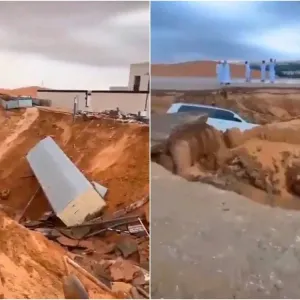 أحدث فجوة بالطريق .. شاهد .. هبوط أرضي ضخم في القوع بمدينة العين الإماراتية بعد هطول الأمطار الغزيرة