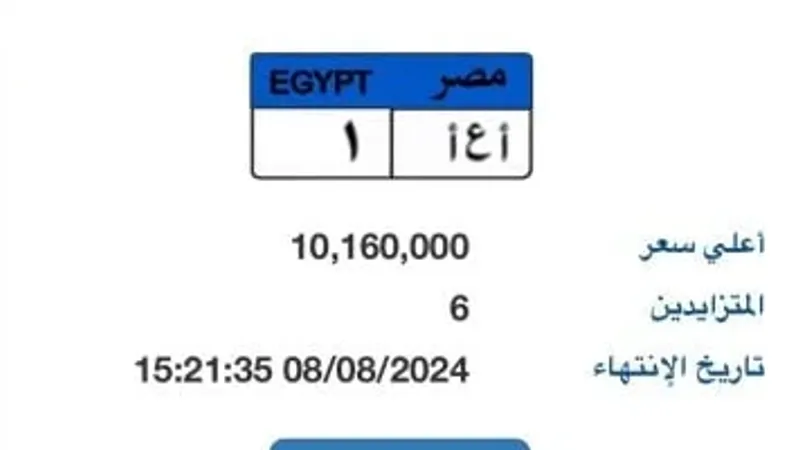 سعر لوحة سيارة "أ ع أ - 1" المميزة يتخطى 10 ملايين جنيه