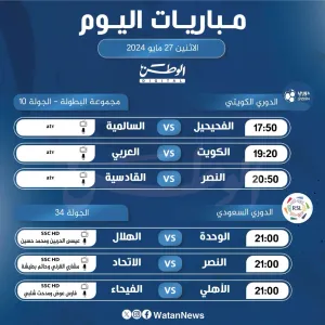 أبرز المباريات المحلية والعربية ليوم الاثنين 27 مايو 2024