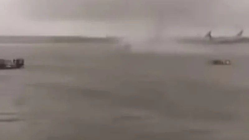عاصفة عنيفة تغرق دبي.. مشهد غير مسبوق لطائرة تقلع وسط السيول