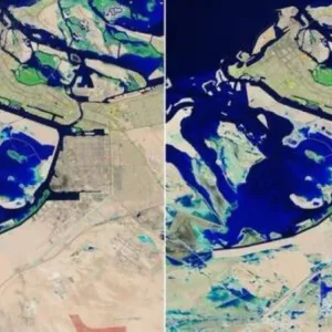 شاهد..صور من الأقمار الصناعية تكشف تشكل بحيرات في مناطق دبي بعد هطول الأمطار الغزيرة