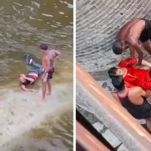 شاهد.. رجل وامرأة يقفزان في نهر بالهند وأحد الصيادين يعاقب الرجل بصفعات قوية على وجهه بعد إنقاذهما