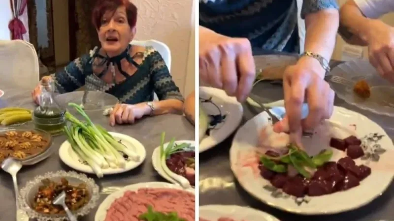 شاهد : أسرة لبنانية تعد وليمة لعائلتها من لحم الغنم النيء