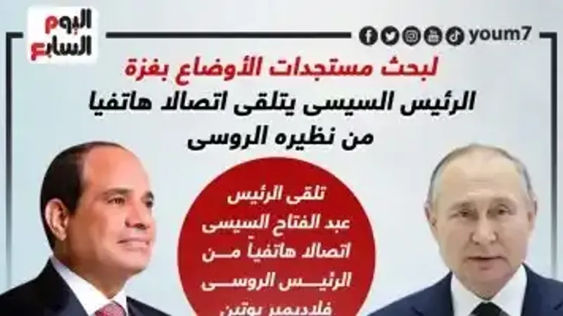الرئيس السيسى يتلقى اتصالا هاتفيا من بوتين لبحث الأوضاع بغزة.. إنفوجراف