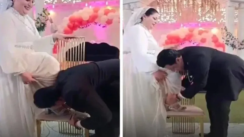 العريس الخمسيني يكشف تفاصيل فيديو تقبيل قدم عروسه السورية.. وردة فعل حضور حفل الزفاف