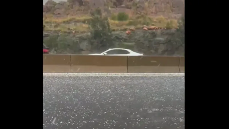بالفيديو.. أمطار غزيرة مع تساقط حبات البرد على طريق الشفا