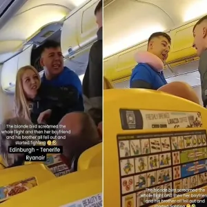 شاهد.. مشاجرة عنيفة بين شابين وفتاة  على متن طائرة
