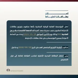 السكنية: توزيع بطاقات الاحتياط لجنوب سعد العبدالله الدفعة 15 من الضاحية N3 غدًا